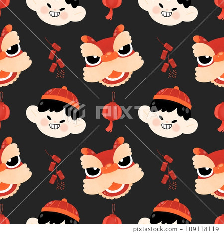 Year of Dragon Seamless pattern with happy smile boy cute kid and lion dance watercolor cartoon for Chinese New Year,Happy New Year,Lunar New Year Festival Year of Dragon Seamless pattern with happy smile boy cute kid and lion dance watercolor cartoon for Chinese New Year,Happy New Year,Lunar New Year Festival 109118119