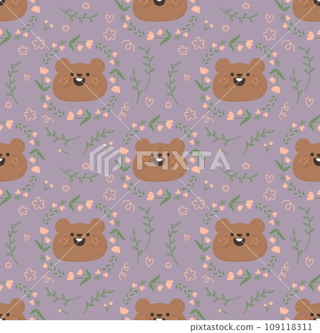 Seamless pattern with cute cartoon animal marmot and flower doodle Watercolor for Happy Groundhog Day2 February printable postcard print greetings card banner poster 109118311