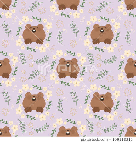 Seamless pattern with cute cartoon animal marmot and flower doodle Watercolor for Happy Groundhog Day2 February printable postcard print greetings card banner poster 109118315