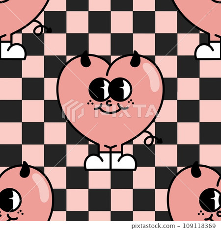 Groovy pink Heart Seamless Pattern. Psychedelic checkerboard checkered chess check Background Hippie Retro y2k Valentine day Groovy pink Heart Seamless Pattern. Psychedelic checkerboard checkered chess check Background Hippie Retro y2k Valentine day 109118369