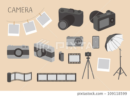 Hand-drawn camera and film illustration set (color/no outline) 109118599