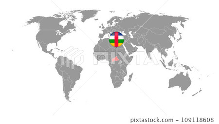 Pin map with Central African Republic flag on world map. Vector illustration. Pin map with Central African Republic flag on world map. Vector illustration. 109118608