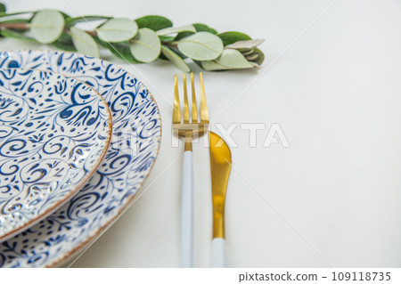 On the side, two serving plates with blue patterns on a white background stand one on one, part of the plates can be seen, gold-white appliances are located on the side, a green branch of plants lies On the side, two serving plates with blue patterns on a white background stand one on one, part of the plates can be seen, gold-white appliances are located on the side, a green branch of plants lies 109118735