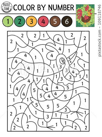 Vector France themed color by number activity with rooster. French traditional animal scene. Black and white counting game with cockerel. Coloring page for kids with cute bird 109118746