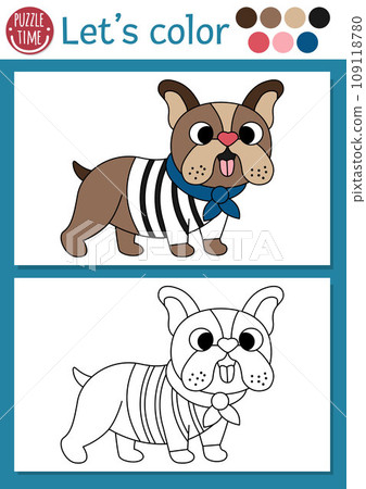 French themed coloring page for children with bulldog in blue scarf. Vector French outline illustration. Color book for kids with colored example. Drawing skills printable worksheet with cute dog 109118780