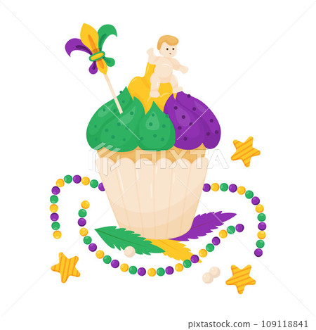 King Cake. Festive sweet cupcake with colorful icing, baby Jesus toy and beads necklaces. Mardi Gras carnival. Vector illustrations in cartoon style. 109118841