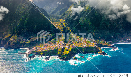 Aerial view of Madeira island. Land meets ocean in Seixal, Madeira, Portugal 109118849