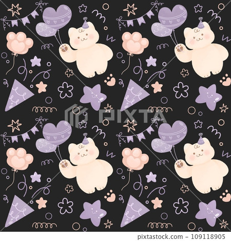 cute cat doodle balloon star paw watercolor pastel purple colour Seamless pattern for baby shower nursery birthday party Happy child background backdrop wallpaper 109118905