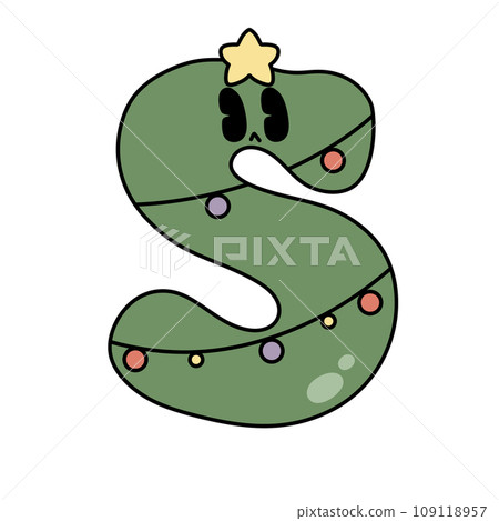 Letter S cute 60s 70s groovy retro vintage smiley green tree cartoon font winter alphabet merry christmas xmas festive sublimation clipart 109118957