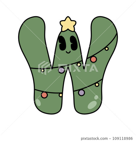 Letter W cute 60s 70s groovy retro vintage smiley green tree cartoon font winter alphabet merry christmas xmas festive sublimation clipart 109118986