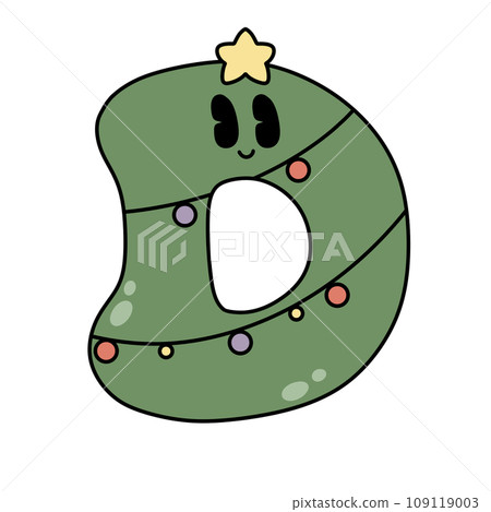 Letter D cute 60s 70s groovy retro vintage smiley green tree cartoon font winter alphabet merry christmas xmas festive sublimation clipart 109119003