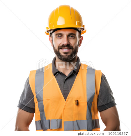 Attractive working man in construction helmet isolated. Attractive working man in construction helmet isolated. 109119257