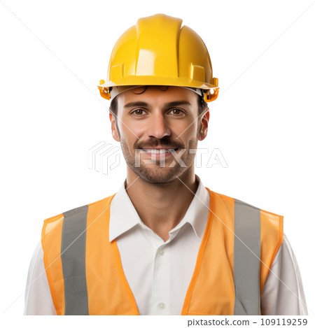 Attractive working man in construction helmet isolated. 109119259