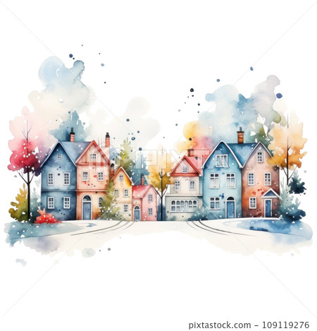cute watercolor little town isolated 109119276