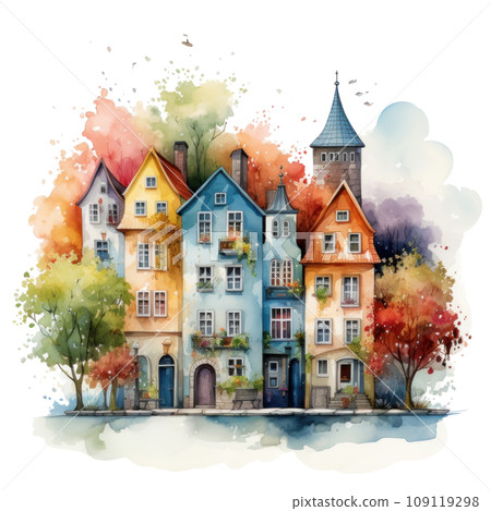 cute watercolor little town isolated 109119298