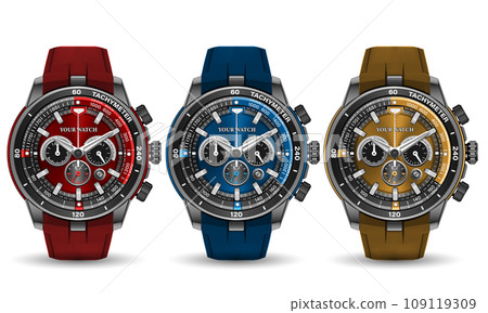 Realistic watch clock dark grey face white number with yellow red blue rubber strap on isolated design classic luxury collection vector 109119309