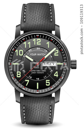 Realistic watch clock dark grey steel face black arrow number with fabric strap on white design classic luxury vector 109119313