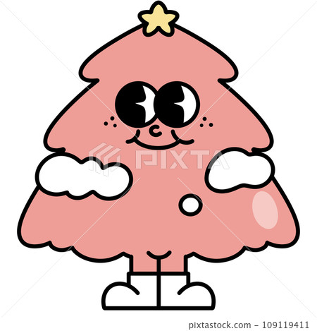 Pink Christmas tree ornament retro cartoon doodle style. Cute Groovy hippie 70s aesthetic for Merry Christmas and Happy New year greeting card, poster, party invitation. Pink Christmas tree ornament retro cartoon doodle style. Cute Groovy hippie 70s aesthetic for Merry Christmas and Happy New year greeting card, poster, party invitation. 109119411