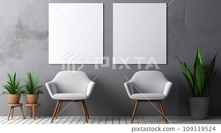 Two armchairs, house plants and a two arts on the wall in modern home decoration. 109119524