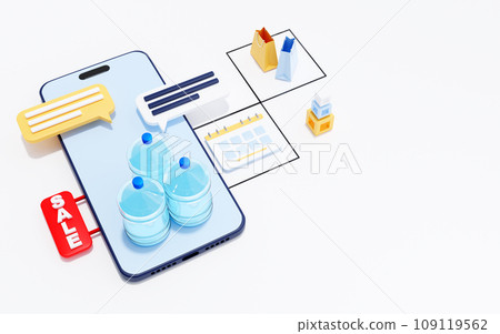Bottled water delivery service, mobile app concept, 3d render Bottled water delivery service, mobile app concept, 3d render 109119562