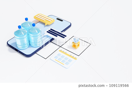 Bottled water delivery service, mobile app concept, 3d render Bottled water delivery service, mobile app concept, 3d render 109119566