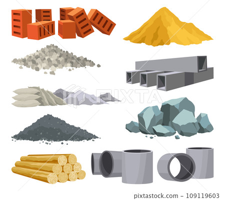Building materials. Construction concept. Illustrations can be used for construction sites or illustrate renovation works. Bricks, planks, metal, sand and stone pipes vector set Building materials. Construction concept. Illustrations can be used for construction sites or illustrate renovation works. Bricks, planks, metal, sand and stone pipes vector set 109119603