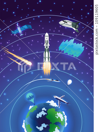 Earth atmosphere layers. Colorful infographic poster with meteors, radiosonde, satellite and spaceship. Vector illustration, starry sky background Earth atmosphere layers. Colorful infographic poster with meteors, radiosonde, satellite and spaceship. Vector illustration, starry sky background 109119605