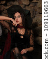 A portrait of a young sexy witch with outside. Magic, dark force, spell. Witchcraft. Halloween. 109119663
