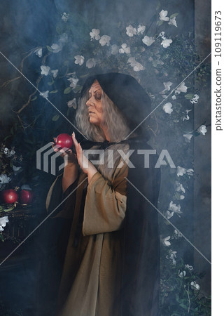 Stepmother witch gives poisoned red apple.Woman as witch in black offers red apple as symbol of temptation, poison. Fairy tale, white snow wizard concept. Spooky Halloween, cosplay. Stepmother witch gives poisoned red apple.Woman as witch in black offers red apple as symbol of temptation, poison. Fairy tale, white snow wizard concept. Spooky Halloween, cosplay. 109119673