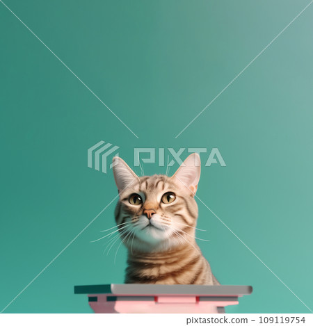 Cute funny cat sitting next to phone on blue background Cute funny cat sitting next to phone on blue background 109119754