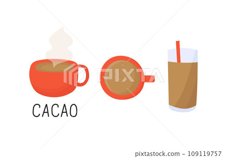 Set of cacao drinks in mugs and grass with straw. Red mug with hot chocolate or cappuccino. 109119757