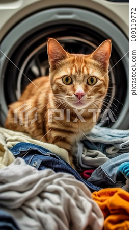 Cat sitting on washing machine. Bathroom interior in apartment, cozy house. Washing machine with dirty laundry 109119772
