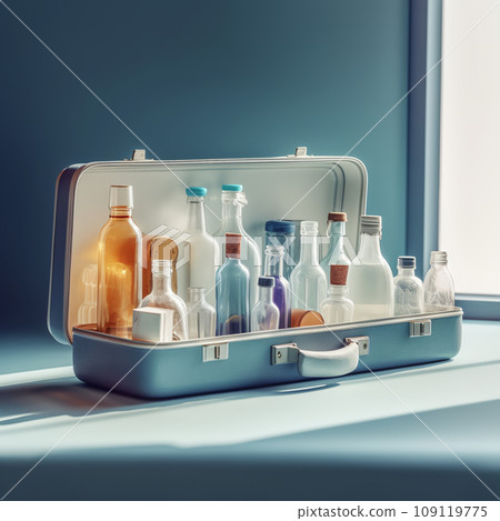 Old glass bottles in vintage suitcase Old glass bottles in vintage suitcase 109119775