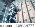 Metal statue of man wearing virtual reality goggles against the backdrop of panoramic windows. Bust of male with glasses 109119777