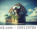 Woman wearing goggles VR. Fantasy flying island in ocean with sky and clouds. Castle on rock with sky background.  109119780