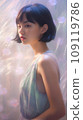 Beautiful girl with dark hair with neon lights on front 109119786