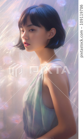 Beautiful girl with dark hair with neon lights on front Beautiful girl with dark hair with neon lights on front 109119786