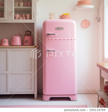 Retro kitchen interior with a pink fridge and white furniture. Vintage refrigerator in a 70-s home. AI-generated 109119794