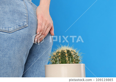 Woman sitting down on cactus against light blue background, space for text. Hemorrhoid concept Woman sitting down on cactus against light blue background, space for text. Hemorrhoid concept 109119865