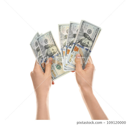 Woman with money on white background, closeup 109120000