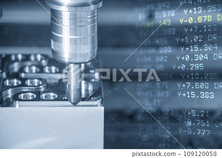 Abstract scene the CNC milling machine chamfering process and G-code data background. 109120058