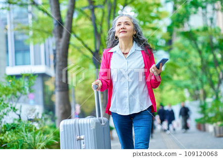 Senior woman walking in the city with a suitcase Senior woman walking in the city with a suitcase 109120068