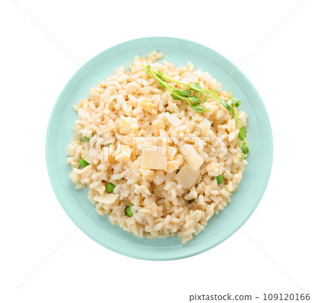 Delicious risotto with cheese isolated on white, top view Delicious risotto with cheese isolated on white, top view 109120166