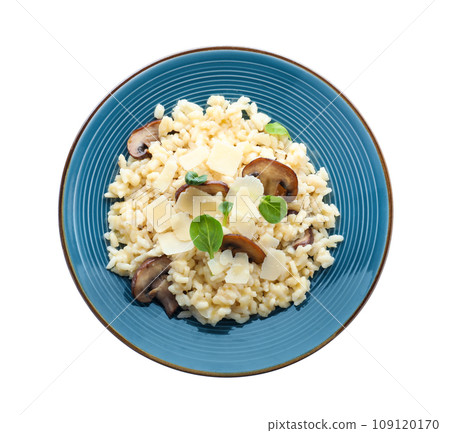 Delicious risotto with cheese and mushrooms isolated on white, top view 109120170