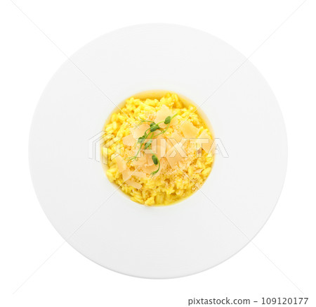 Delicious risotto with cheese isolated on white, top view 109120177