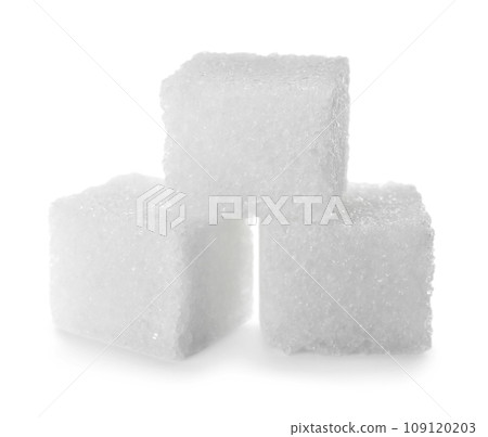 Pure refined sugar cubes isolated on white Pure refined sugar cubes isolated on white 109120203