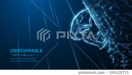 Climber on mountain. Low poly illustration or background. Extreme sport, high performance, unstoppable motivational slogan. 109120755