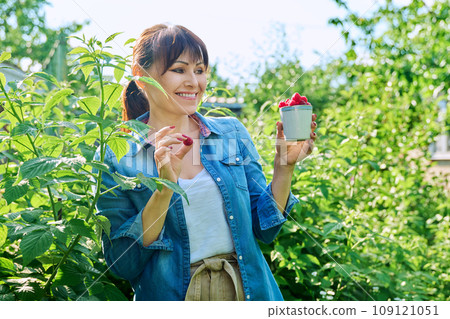 Happy woman in raspberry bushes garden, with cup ripe raspberries Happy woman in raspberry bushes garden, with cup ripe raspberries 109121051