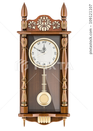 Pendulum Wall Clock. Large wooden hanging wall clock with swinging pendulum. 3D rendering 109121107