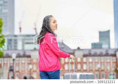 Senior woman walking in the city with a suitcase 109121211